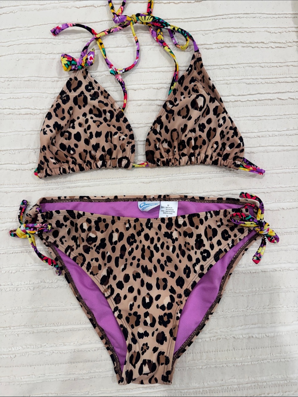 California Waves Leopard Print Triangle Bikini with Multicolor Ties
